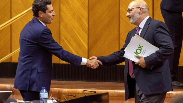El presidente de la Junta de Andalucía, Juanma Moreno, y el portavoz de Vox en Andalucía, Alejandro Hernández.