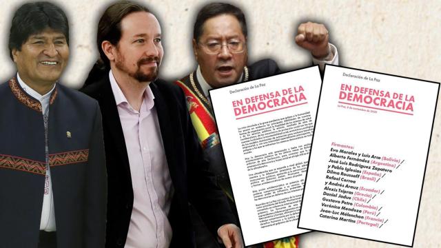 Evo Morales, Pablo Iglesias y Luis Arce, nuevo presidente de Bolivia, con la declaración.