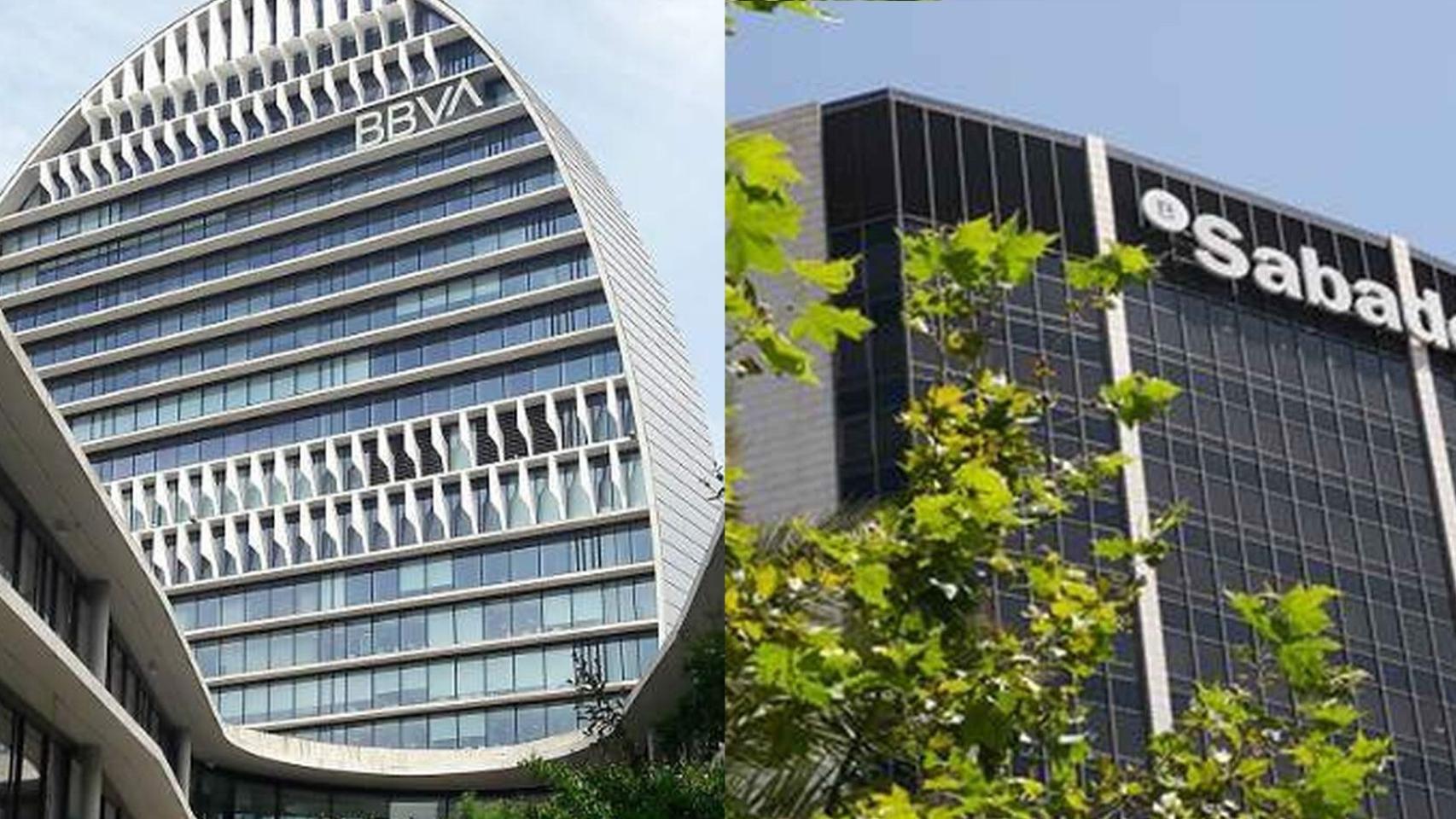 Montaje con las sedes de BBVA y Banco Sabadell.
