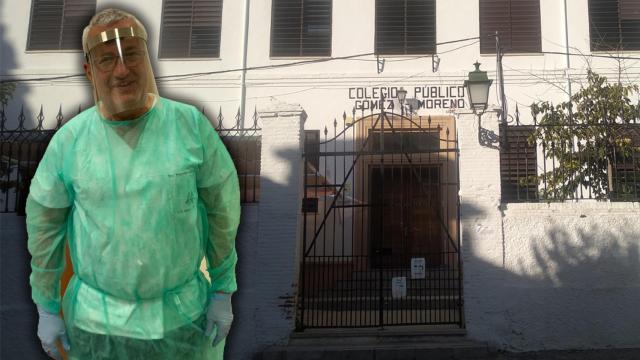 El doctor Manuel López Somoza, equipado con un EPI, y el Colegio Gómez Moreno, donde hubo el brote de sarampión.