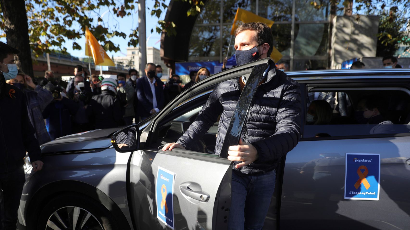 El presidente del PP, Pablo Casado, a su llegada a la manifestación en Madrid estes domingo.