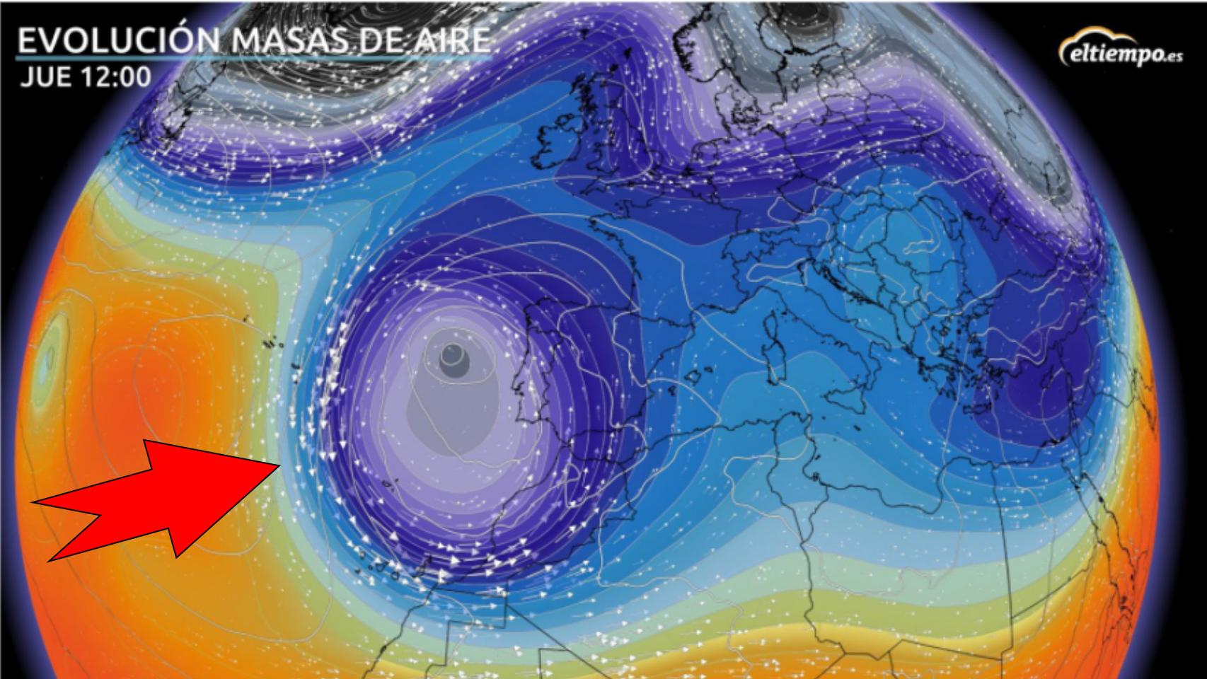 Evolución de las masas de aire de cara al jueves 26. Eltiempo.es.