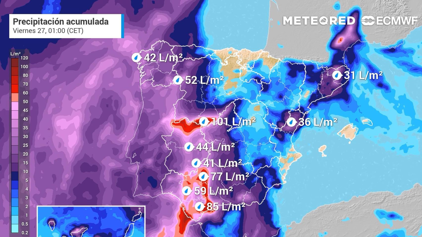 Lluvias previstas hasta la noche del jueves, con acumulados importantes en el centro y suroeste peninsular. Meteored.