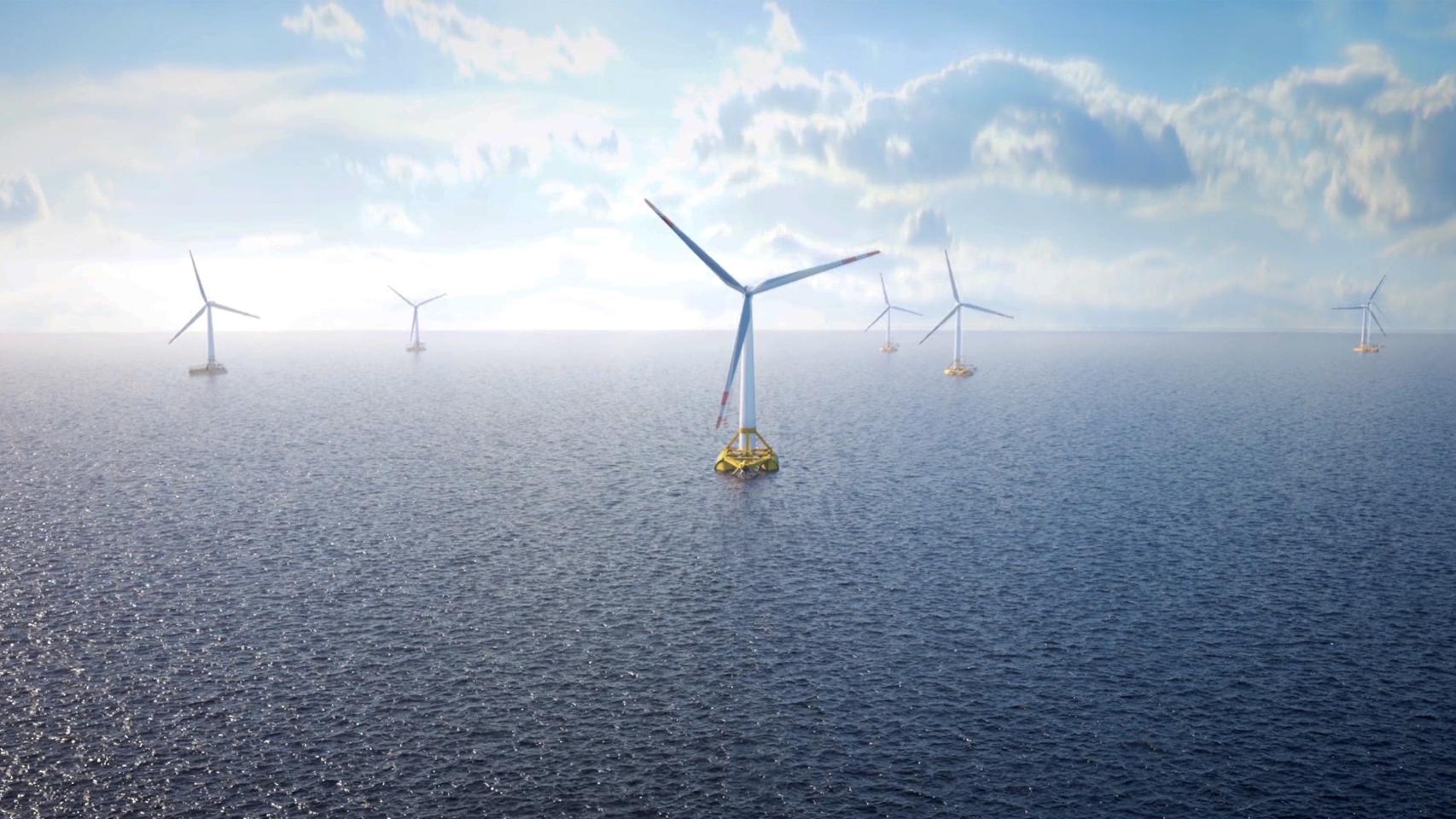 Un parque eólico marino flotante.