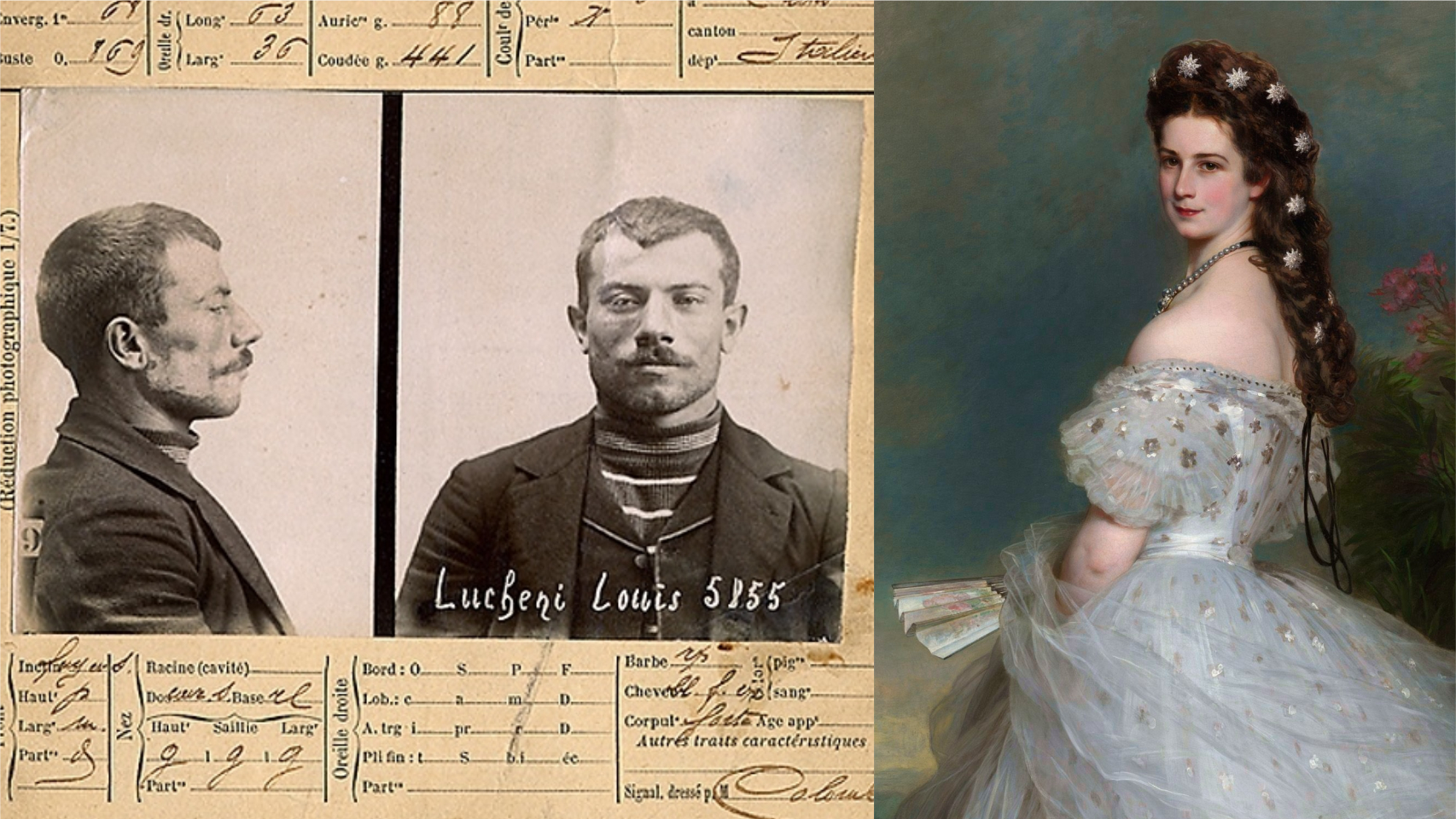 Ficha policial de Luigi Lucheni y retrato de Sissi.