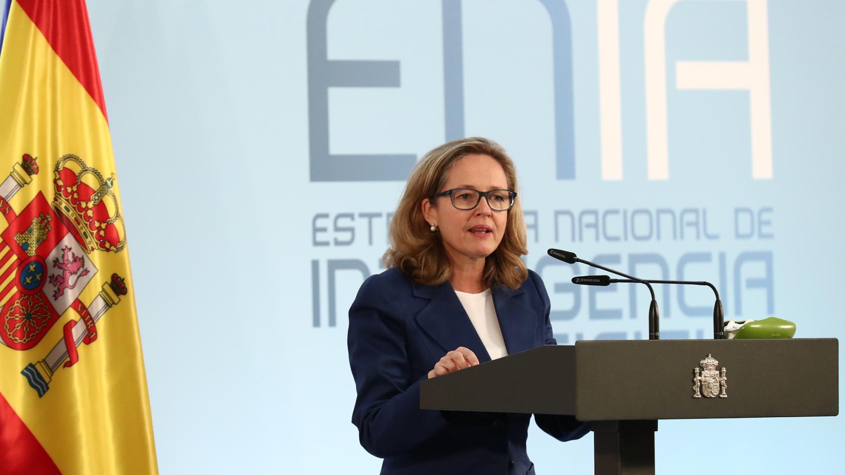La vicepresidenta tercera y ministra de Asuntos Económicos y Transformación Digital, Nadia Calviño, durante su intervención.