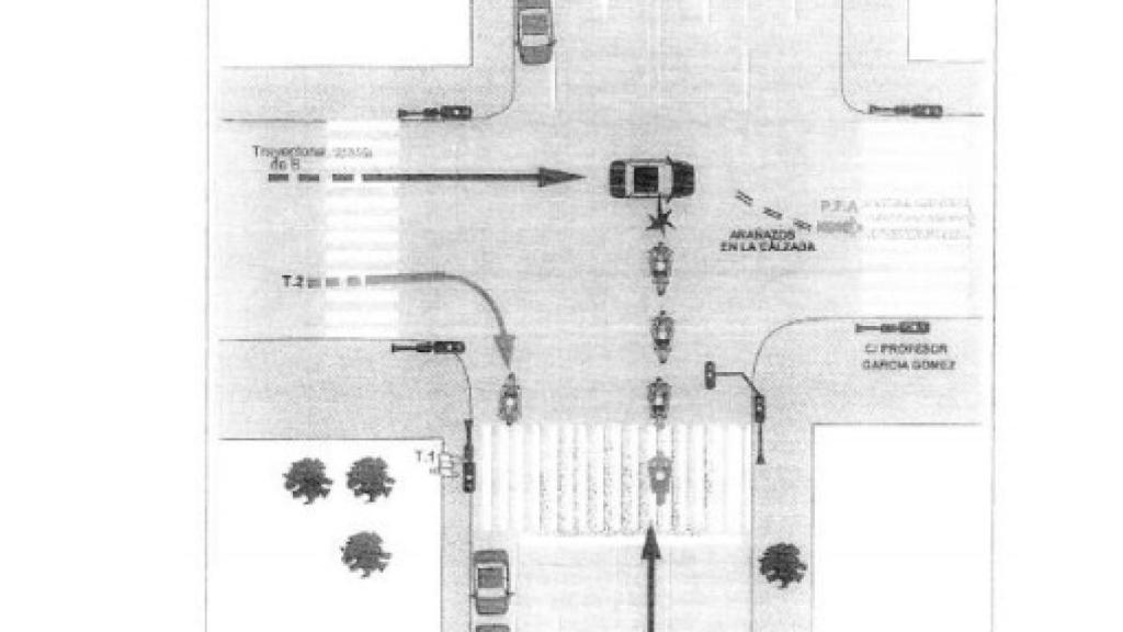 Croquis del atestado del accidente que sufrió el repartidos Rubén López con un Mercedes en Granada.