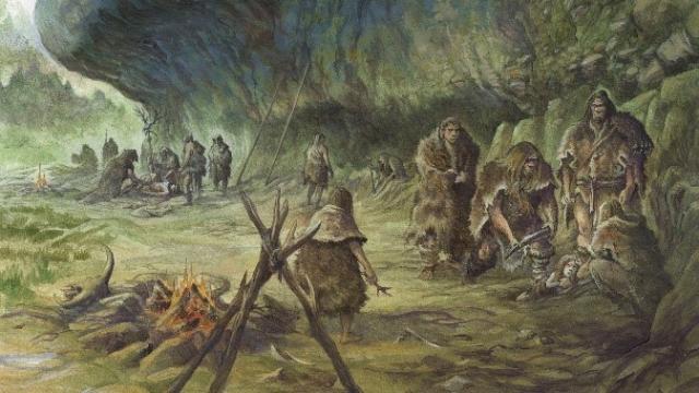 Reconstrucción del entierro del niño por los neandertales en La Ferrassie.
