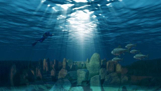 Reconstrucción del dolmen de Guadalperal bajo el agua.