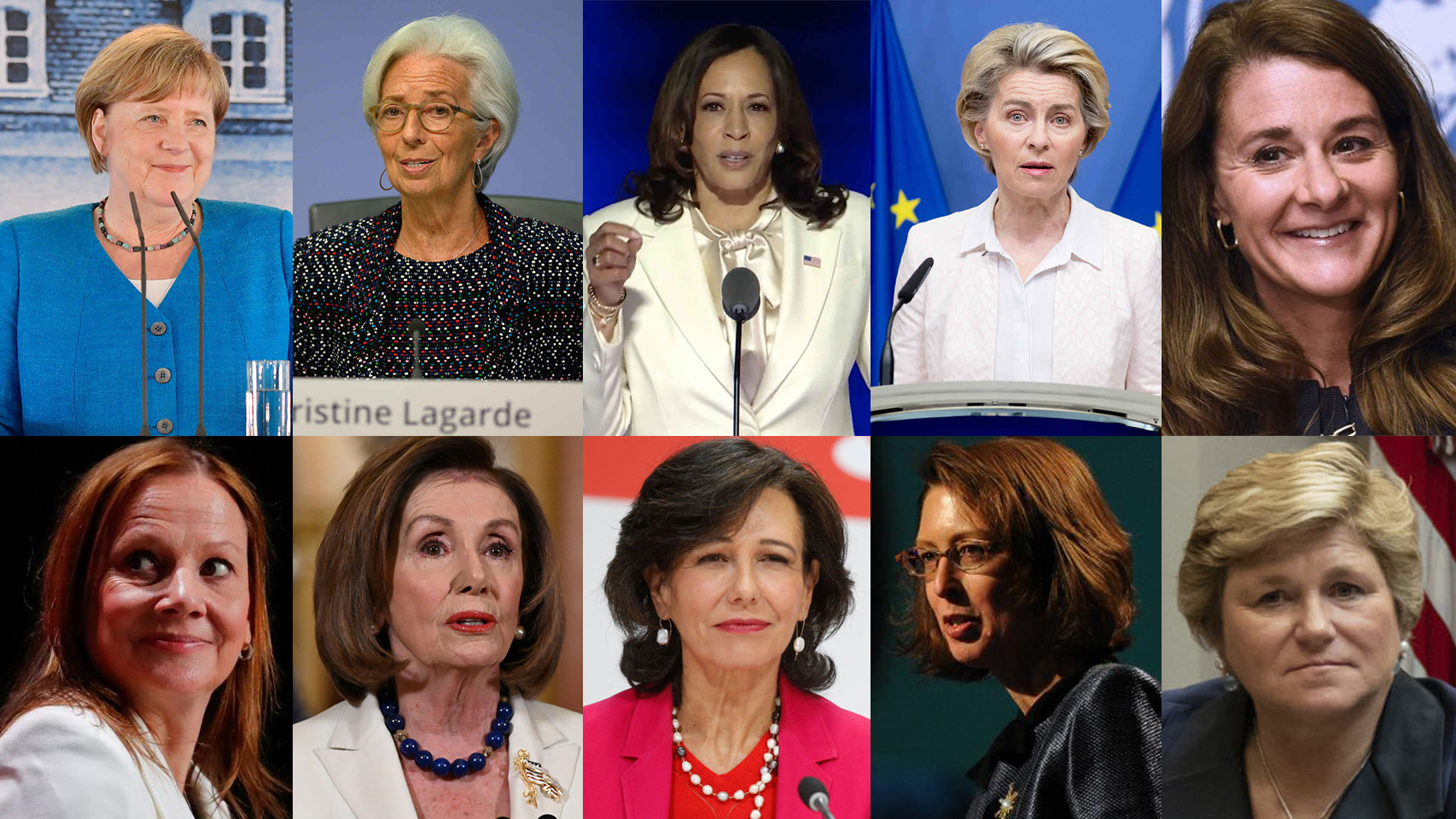 De izqda a dcha: Merkel, Lagarde, Harris, Von der Leyen, Gates, Barra, Pelosi, Botin, Johnson y Boudreaux.