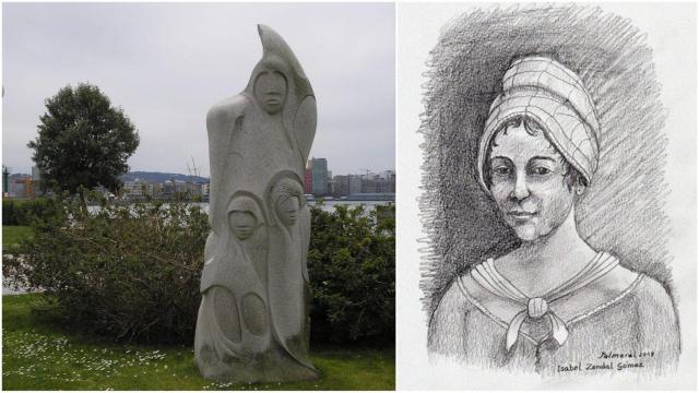 Monumento a Isabel Zendal en A Coruña e ilustración de Ramón Palmeral