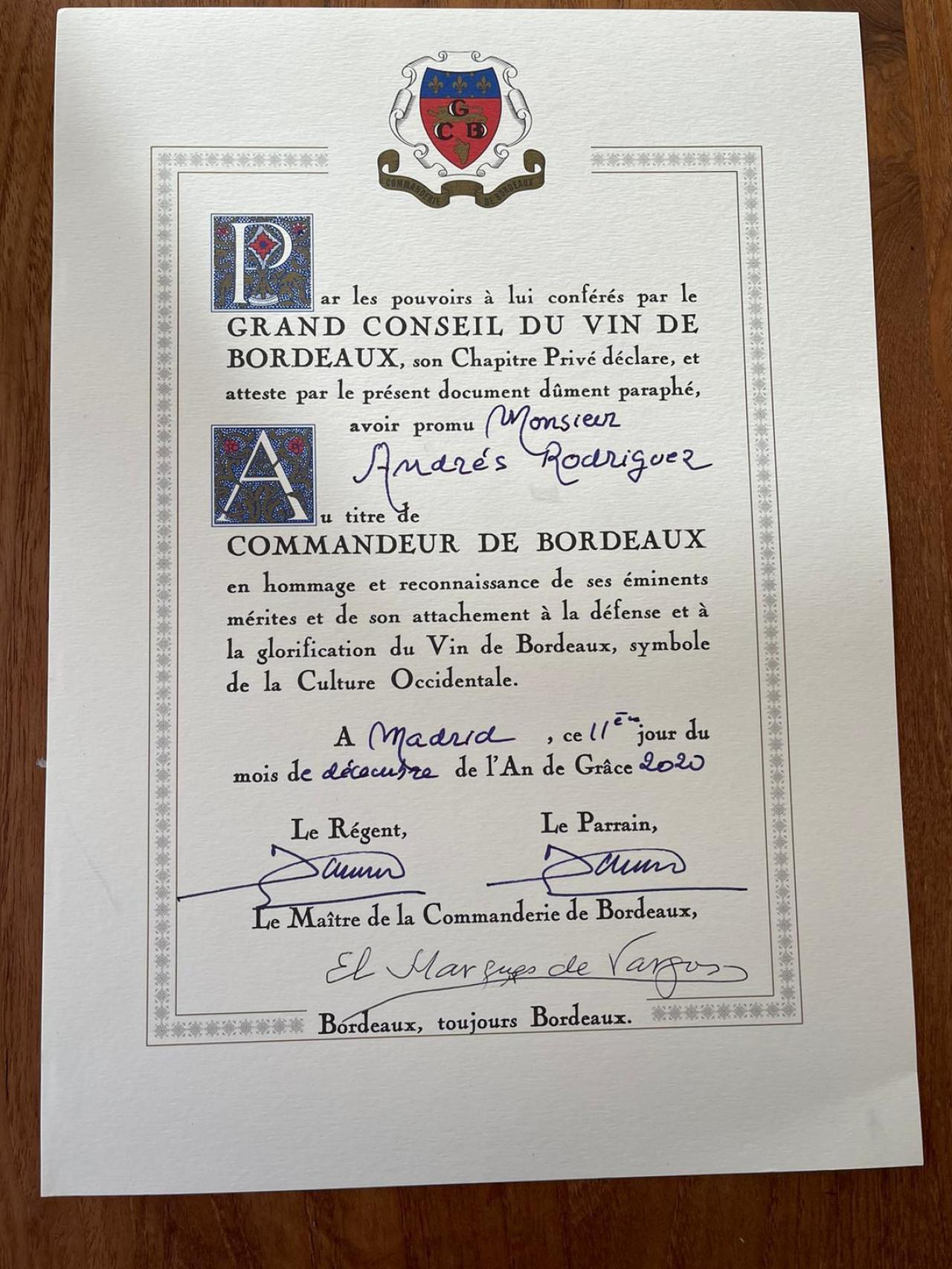 El diploma que acredita mi juramento bordelés.