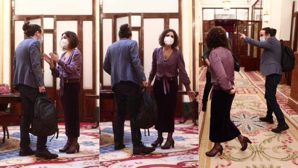 María Jesús Montero y Pablo Iglesias discuten en los pasillos del Congreso.