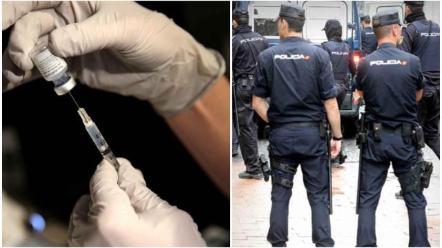 Preparación de las dosis de Pfizer. A la derecha, agentes de Policía Nacional.