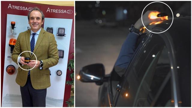 César Basterrechea, sujetando la luz V-16 de la marca SOSTraffic, fabricada por Atressa.