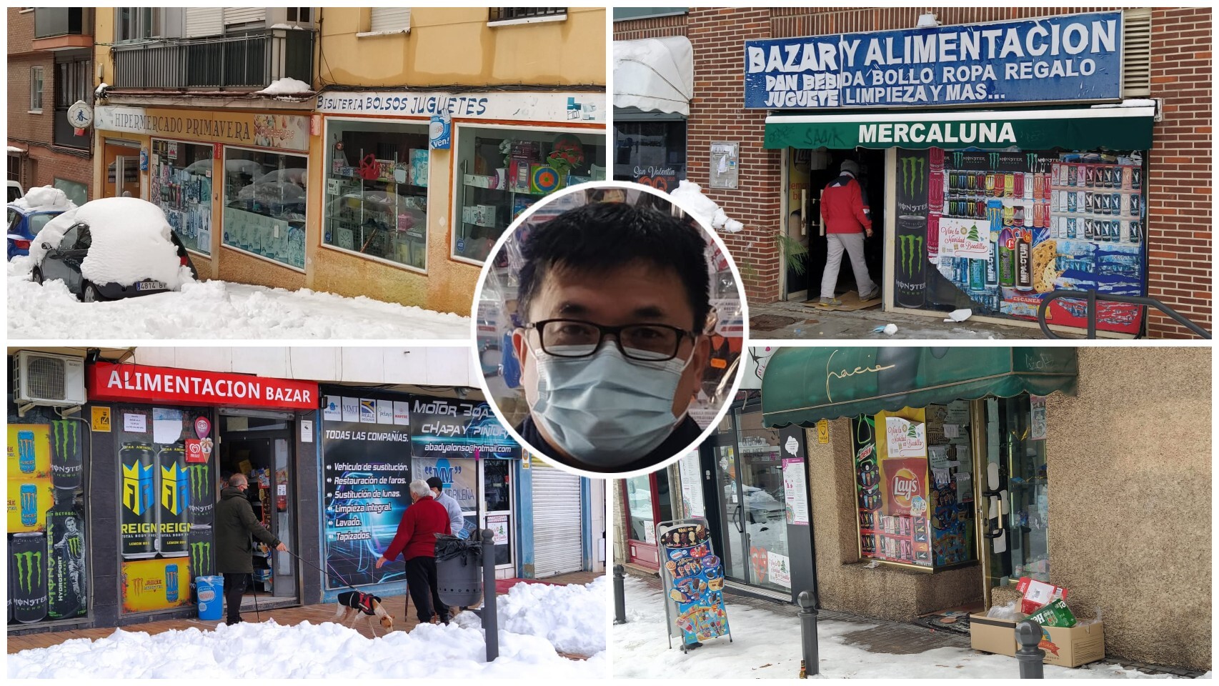 Cuatro tiendas de alimentación de personas de origen chino. En el centro, Li, vendedor de 'El Bazar Oriental'.