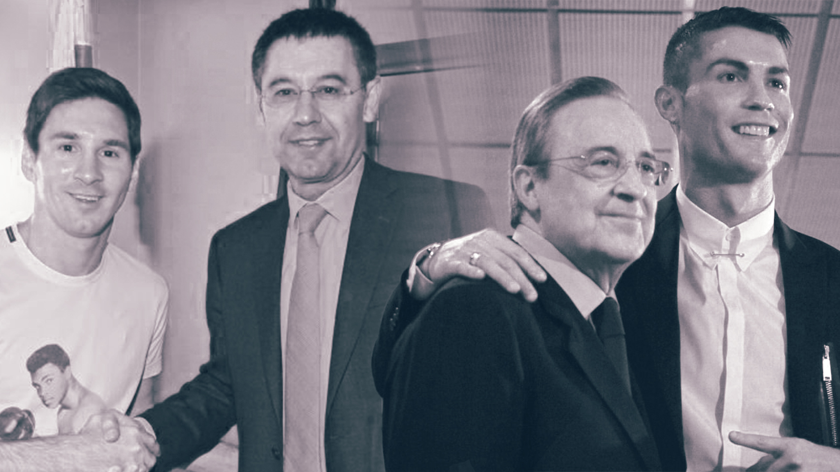 Leo Messi, Josep María Bartomeu, Florentino Pérez y Cristiano Ronaldo