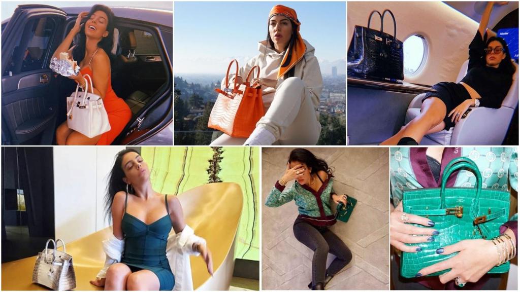 Georgina Rodríguez y algunos de sus Birkins de Hermès en un montaje de Jaleos.