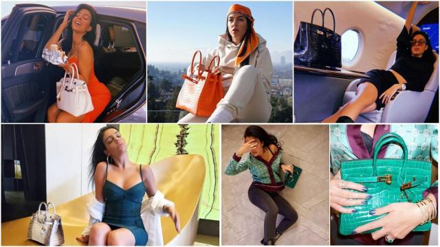 Georgina Rodríguez y algunos de sus Birkins de Hermès en un montaje de Jaleos.