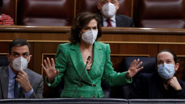 Sánchez, Calvo e Iglesias, este miércoles en el pleno del Congreso.