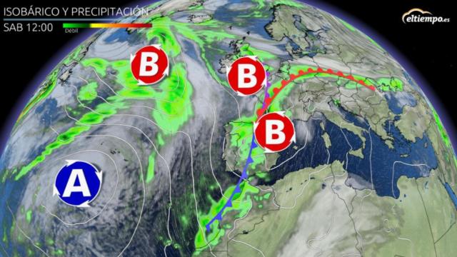 Mapa isobárico y de precipitaciones para el sábado 6 de febrero. Eltiempo.es