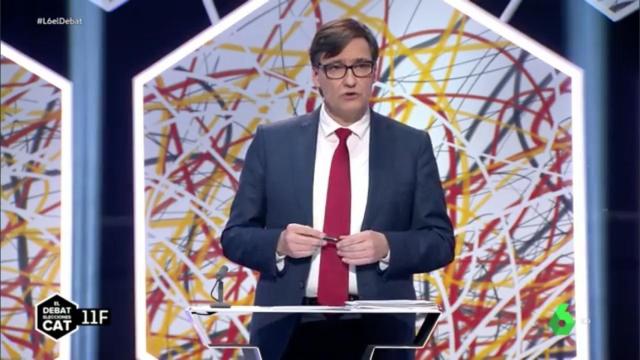 Salvador Illa, candidato del PSC, durante el debate electoral en La Sexta.