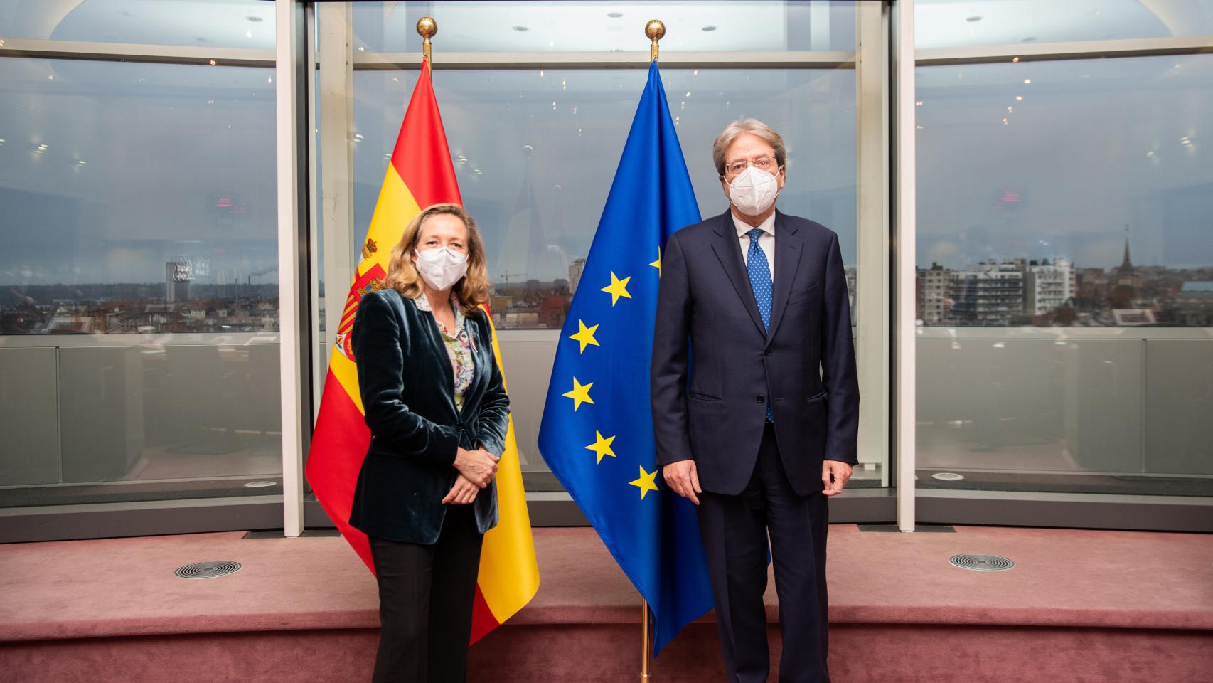 Nadia Calviño y Paolo Gentiloni, durante su última reunión en Bruselas a finales de enero