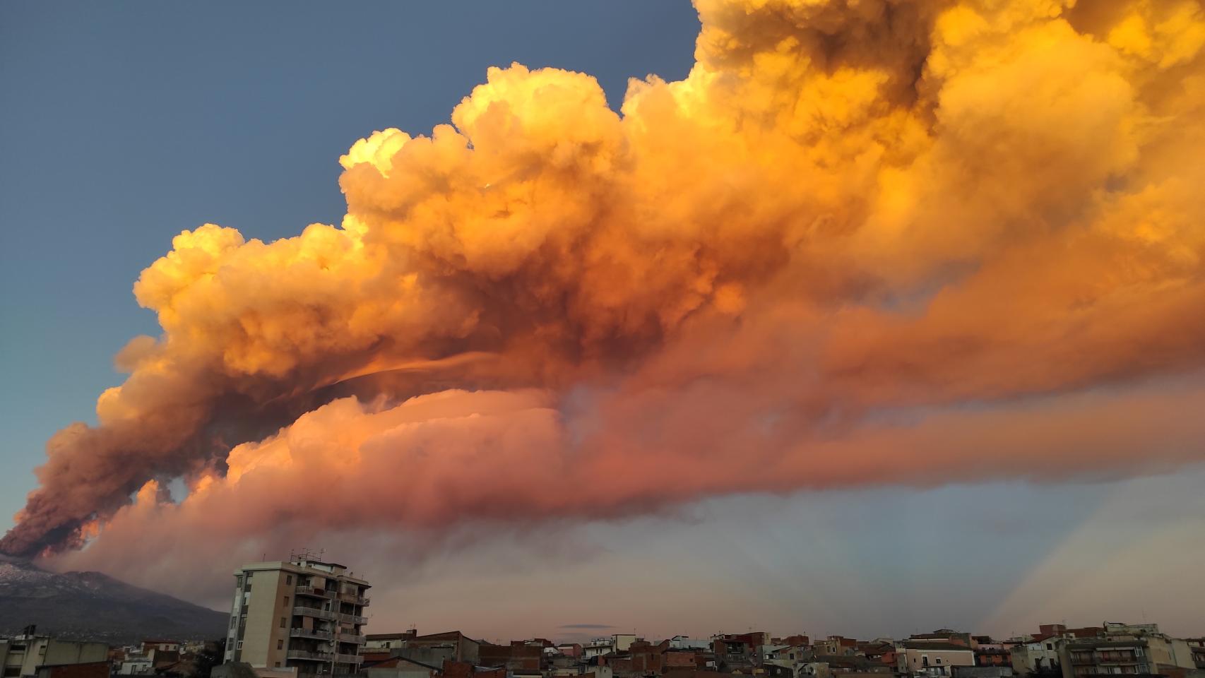A view of the Mount Etna eruption spewing ash, as seen from Paterno, Italy, in this image obtained from social media