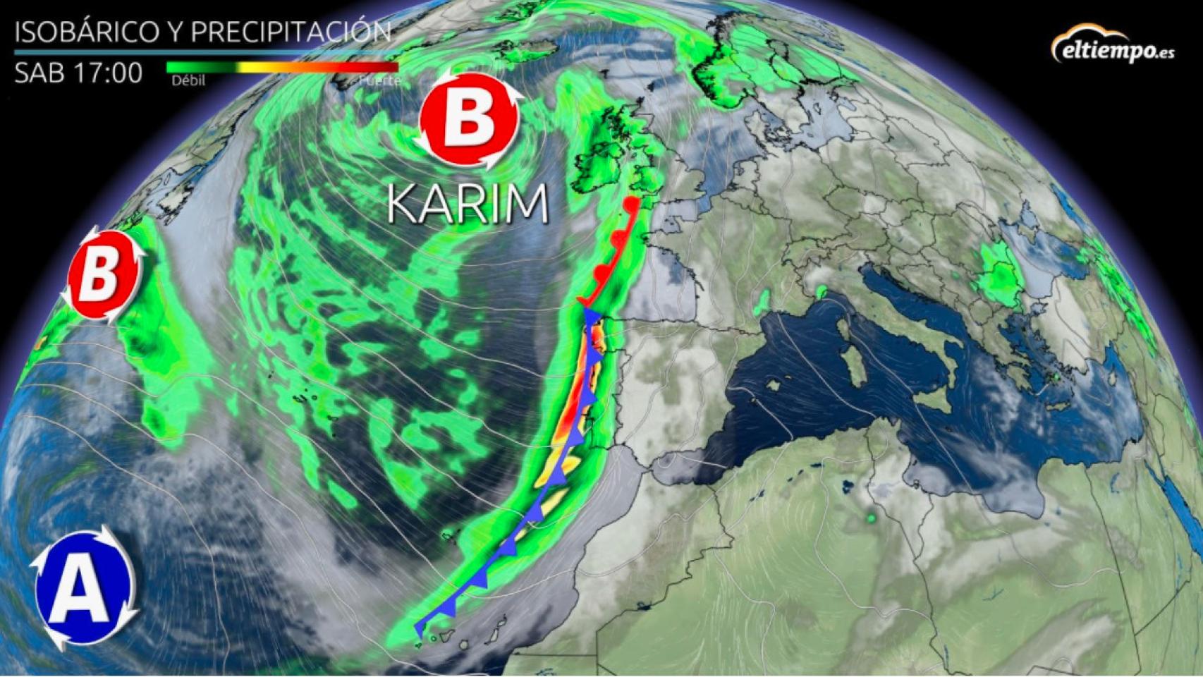 Situación de la borrasca Karim sobre España a partir del sábado. Eltiempo.es