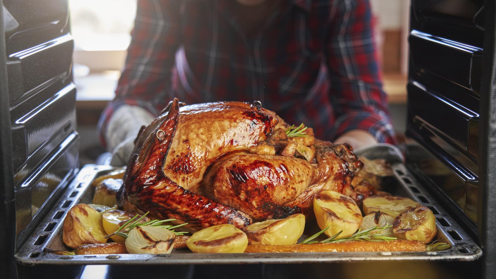 Una persona saca un pavo del horno.