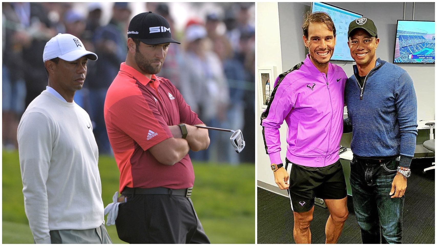 Tiger Woods junto a Jon Rahm y Rafa Nadal