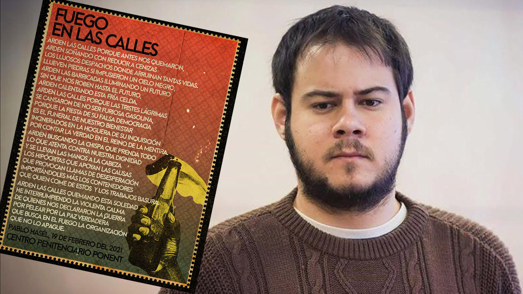 Montaje de Pablo Hasél junto al poema escrito dese prisión.