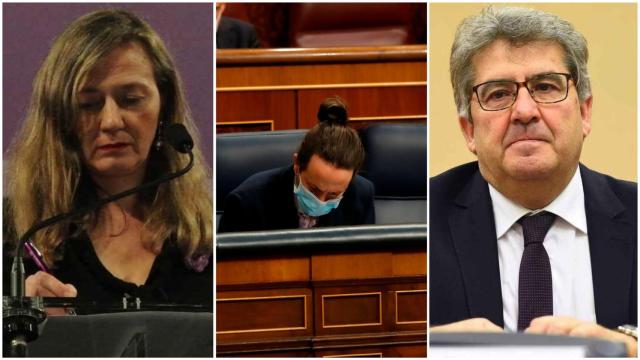 Victoria Rosell, Pablo Iglesias y José Ricardo de Prada.