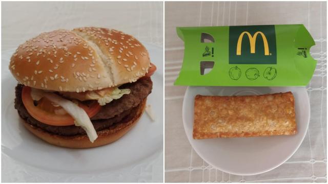 A la izquierda, la hamburguesa Grand McExtreme Double 1955 y, a la derecha, el Apple Pie, los dos 'nuevos' productos de la hamburguesería.