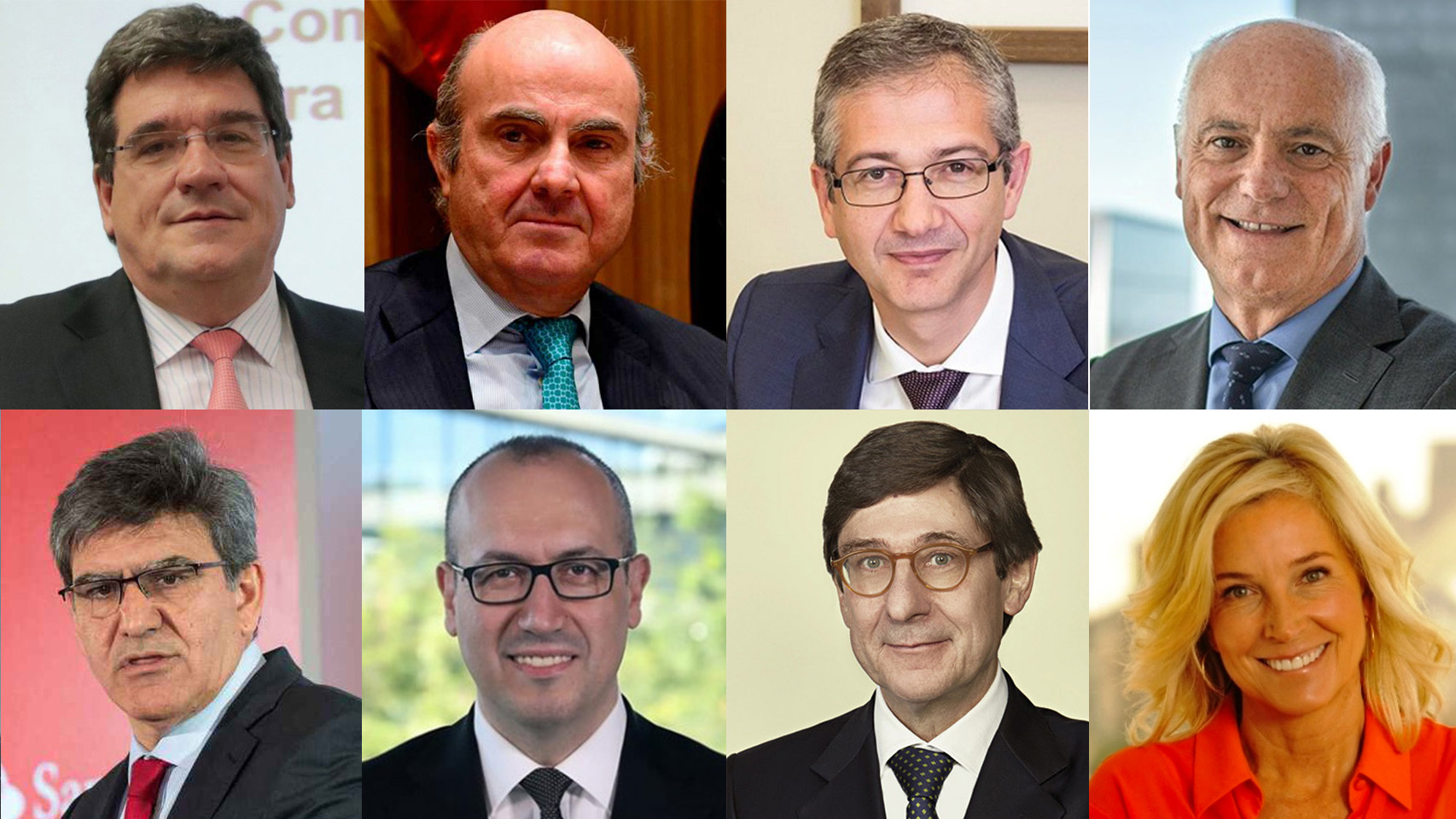José Luis Escrivá, ministro de Seguridad Social; Luis de Guindos, vicepresidente del BCE; Pablo Hernández de Cos, gobernador del BdE; José Manuel Campa, presidente de la EBA; José Antonio Álvarez, CEO del Santander; Onur Genç, CEO del BBVA; José Ignacio Goirigolzarri, presidente de Bankia y Dolores Dancausa, CEO de Bankinter.
