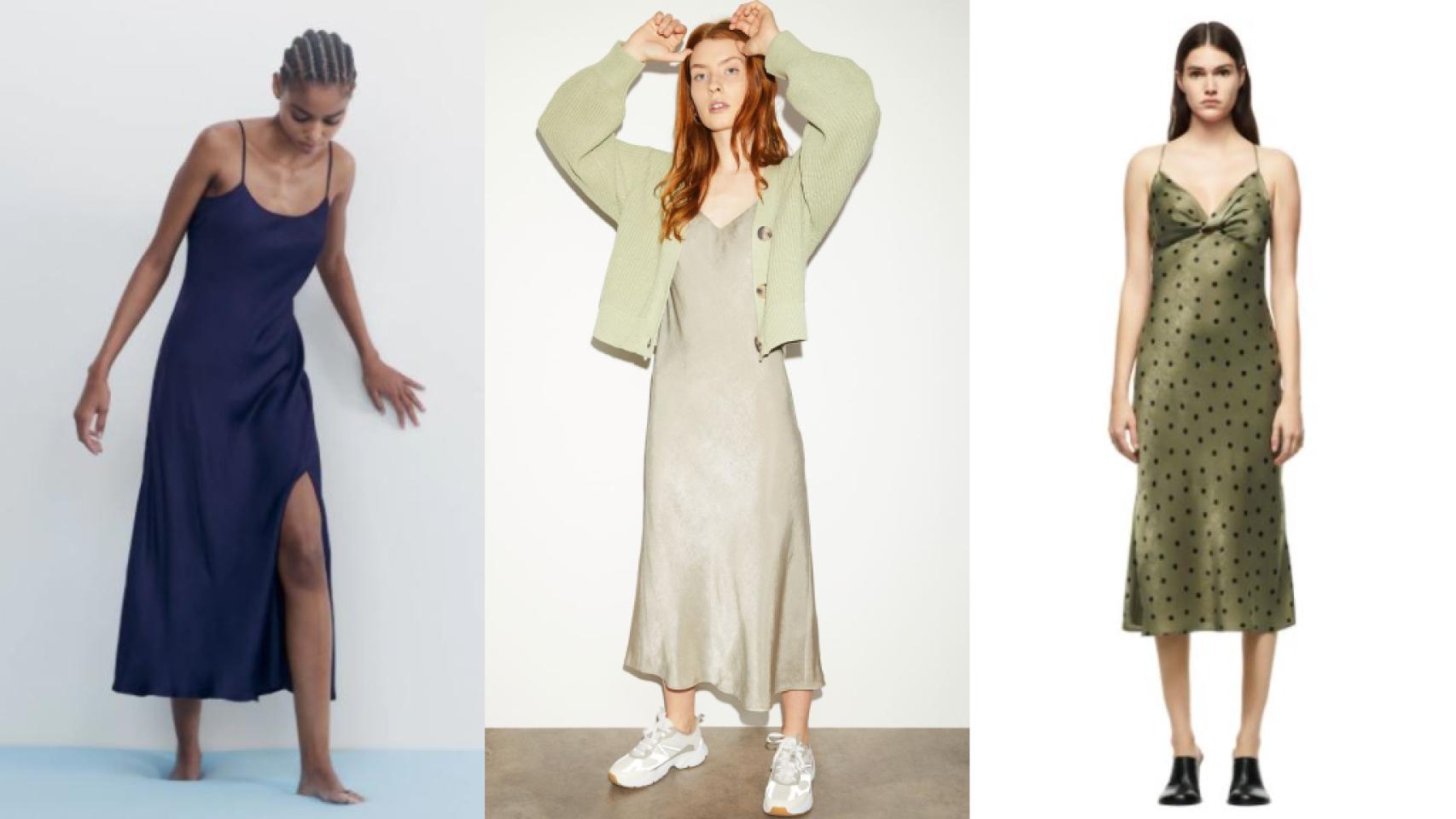 Algunos de los vestidos lenceros que se venden en Zara y H&M.