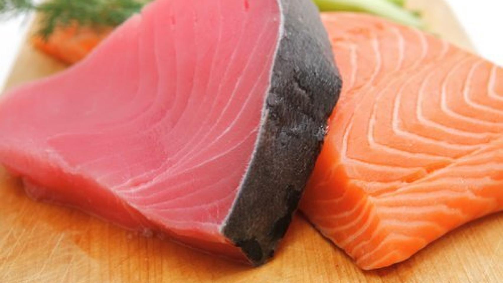 Unos filetes de atún y de salmón.
