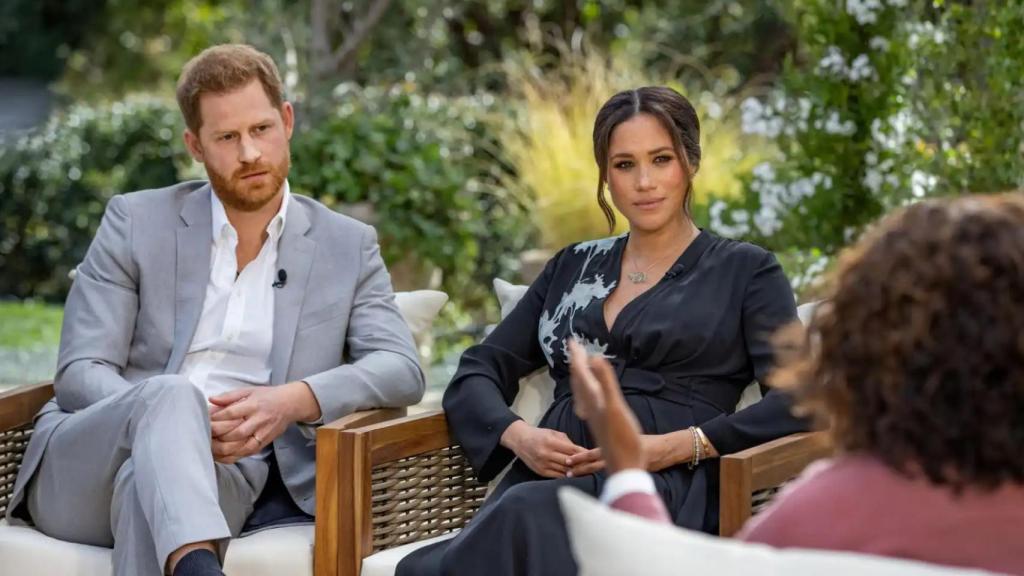 Harry Meghan, durante su desveladora conversación con Oprah Winfrey en televisión.