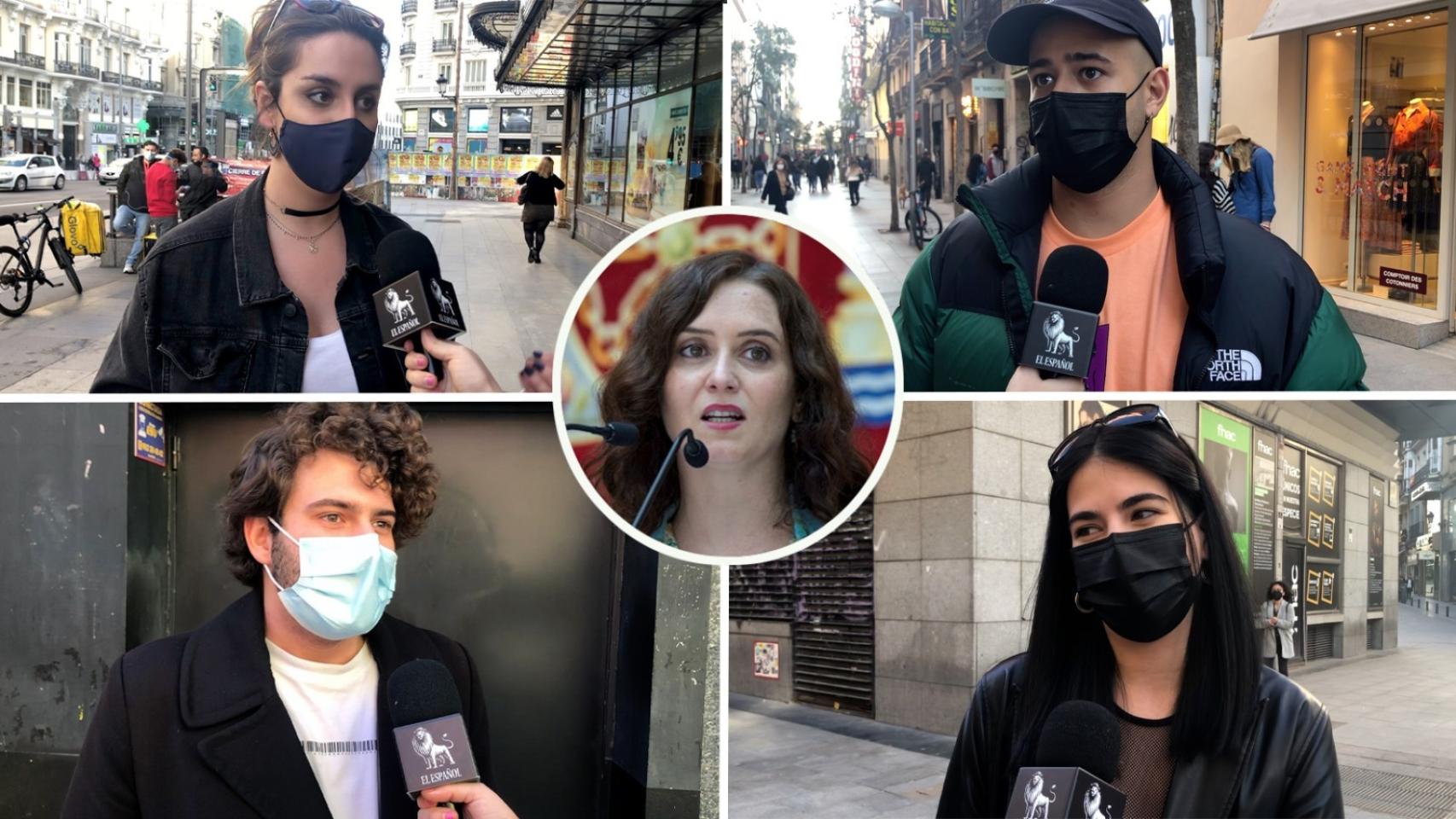 Algunos de los jóvenes entrevistados en el centro de Madrid e Isabel Díaz Ayuso.