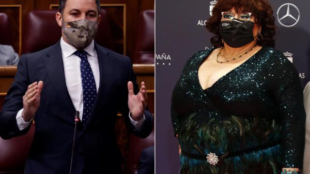 El presidente de Vox, Santiago Abascal, y la actriz 'Paca La Piraña'.
