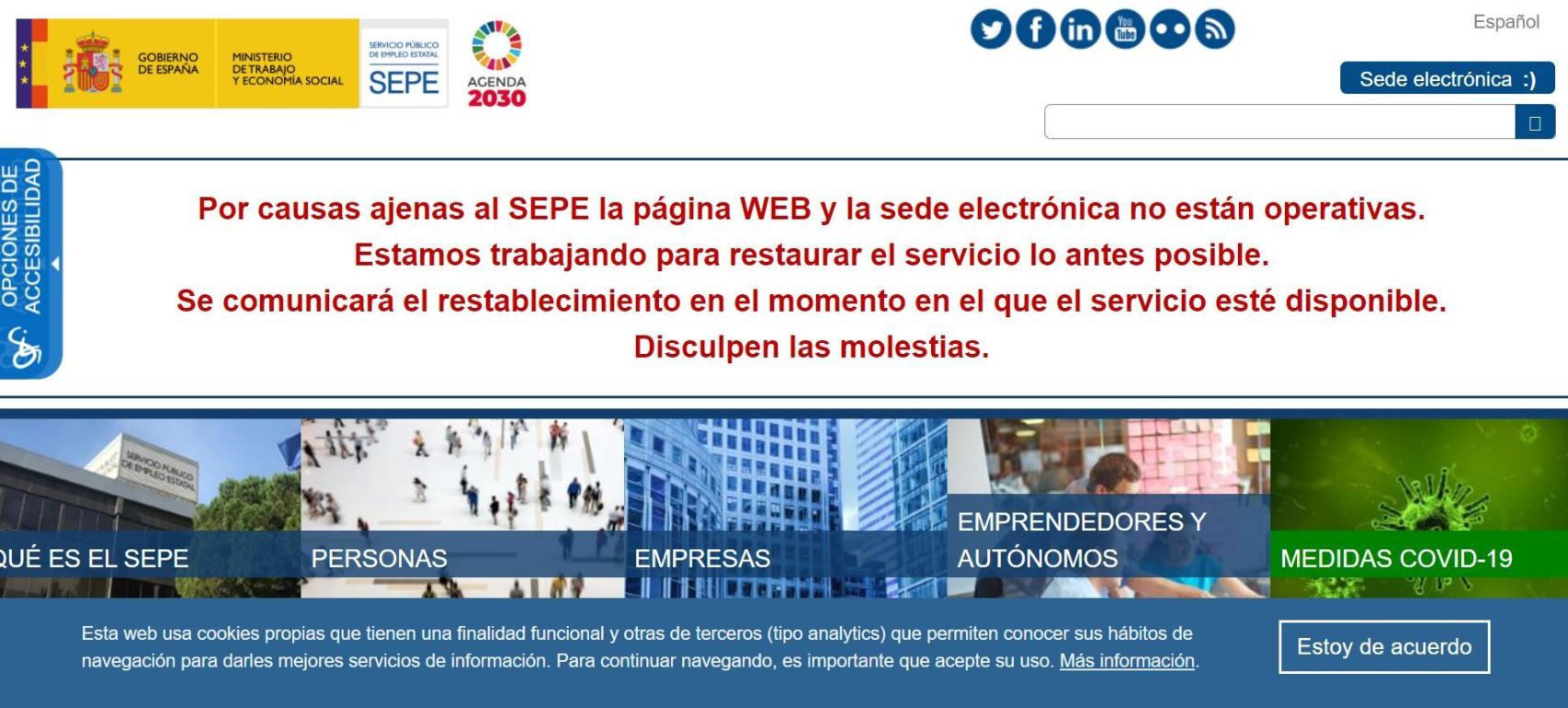 Pantallazo del mensaje de advertencia en la web del SEPE.
