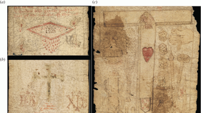 Detalles de la faja de parto MS. 632. Muestran una herida lateral que gotea, un crucifijo borrada y ( c ) una Cruz Tau.