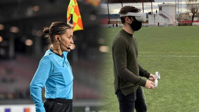 Guadalupe Porras, durante un partido europeo, y uno de los trabajadores de LabHipermedia en un fotomontaje