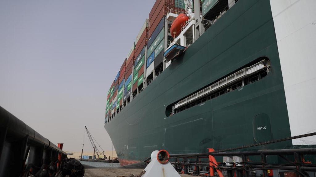 Stranded container ship Ever Given, one of the world's largest container ships, is seen after it ran aground, in Suez Canal