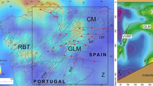 Comparación entre las principales estructuras tectónicas y variaciones de profundidad de la ‘zona de transición frágil-dúctil’ en el noroeste de la Península (izquierda) y lo que muestra el modelo (derecha).