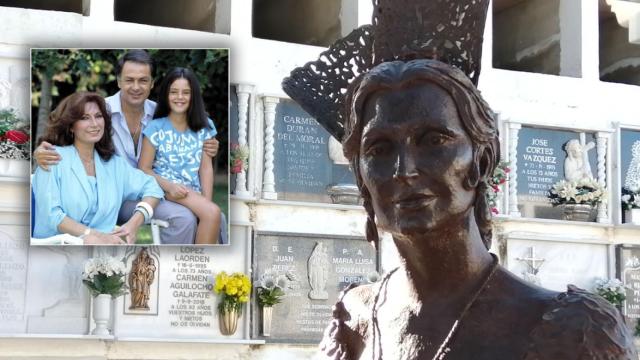 Rocío Jurado, Pedro Carrasco y Rocío Carrasco (en la foto de la izquierda) y la estatua de Rocío Jurado en Chipiona.