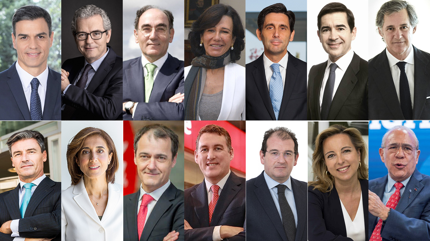 De izda. a dcha. Pedro Sánchez, Pablo Isla, Ignacio Galán, Ana Botín, José María Álvarez-Pallete, Carlos Torres, José Manuel Entrecanales, Federico Linares, Pilar López, Juan Ignacio Elizalde, Colman Deegan,  Raúl Grijalba, Nieves Segovia y Ángel Gurría.