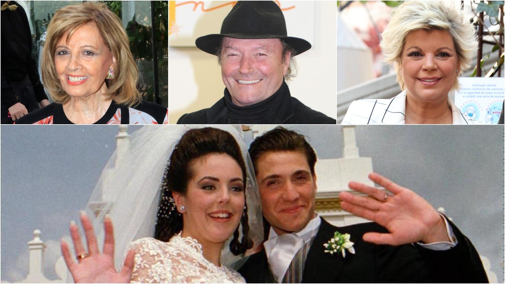 Amador Mohedano, Teresa Campos, Terelu Campos y Rocío Carrasco con Antonio David como novios en un montaje de Jaleos.