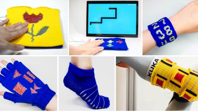 Ejemplos de aplicaciones de KnitUI: juguetes interactivos, controlador de juegos, muñequera con teclado numérico, guante controlador de música, calcetín sensible al tacto y piel táctil (de izquierda a derecha, de arriba a abajo).