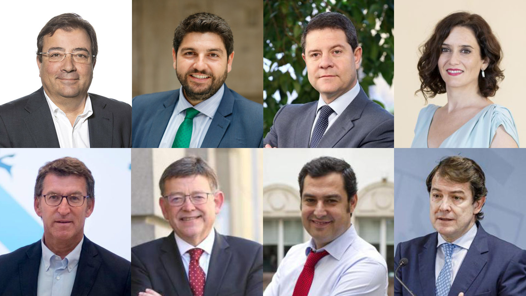 De izda. a dcha. Guillermo Fernández Vara, Fernando López Miras, Emiliano García Page, Isabel Díaz Ayuso, Alberto Núñez Feijoo, Ximo Puig, Juan Manuel Moreno Bonilla y  Alfonso Fernández Mañueco.